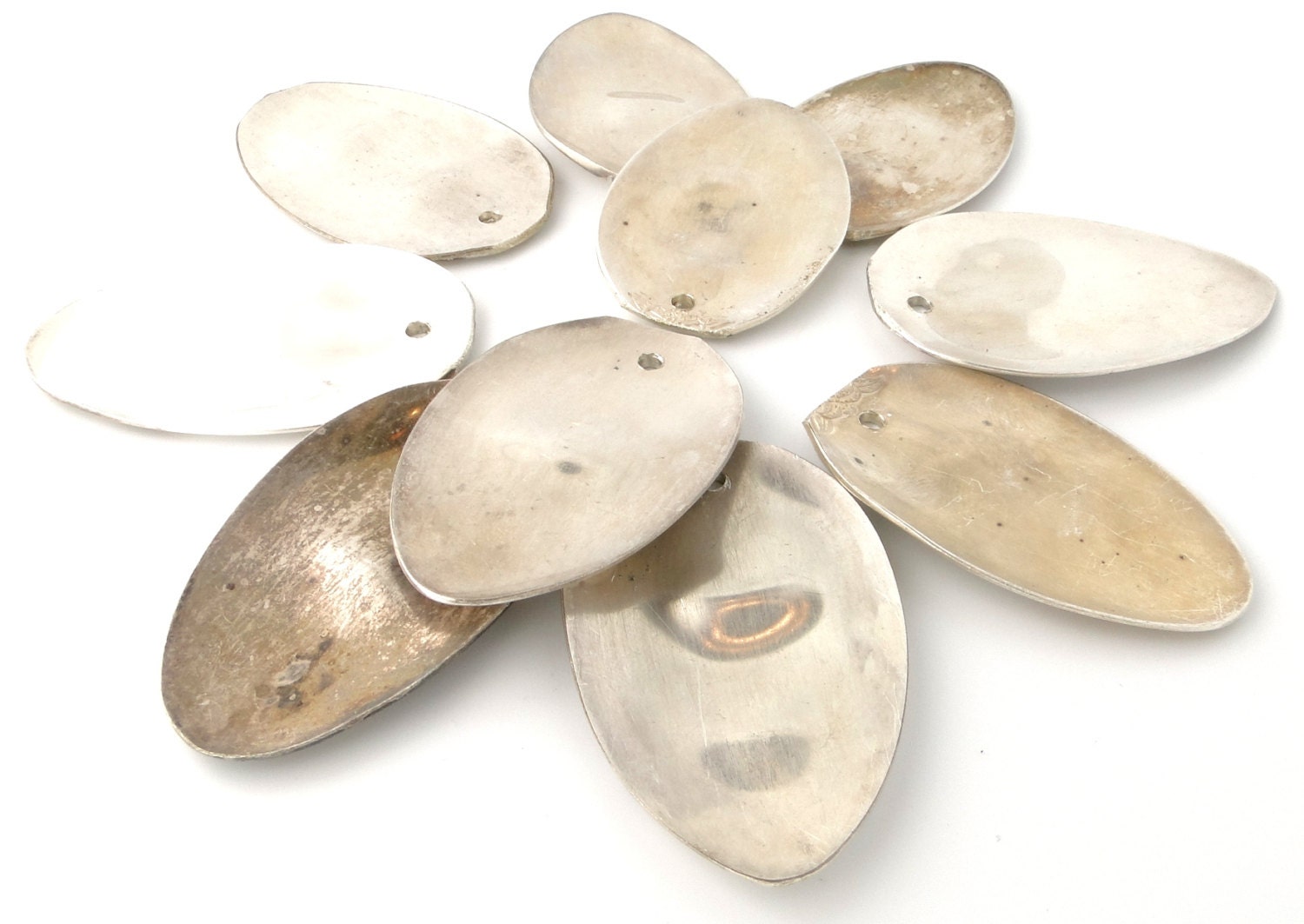 5 Flattened And Drilled Spoons, Spoon Pendants, Spoon Jewelry, Sterling Silver Plated