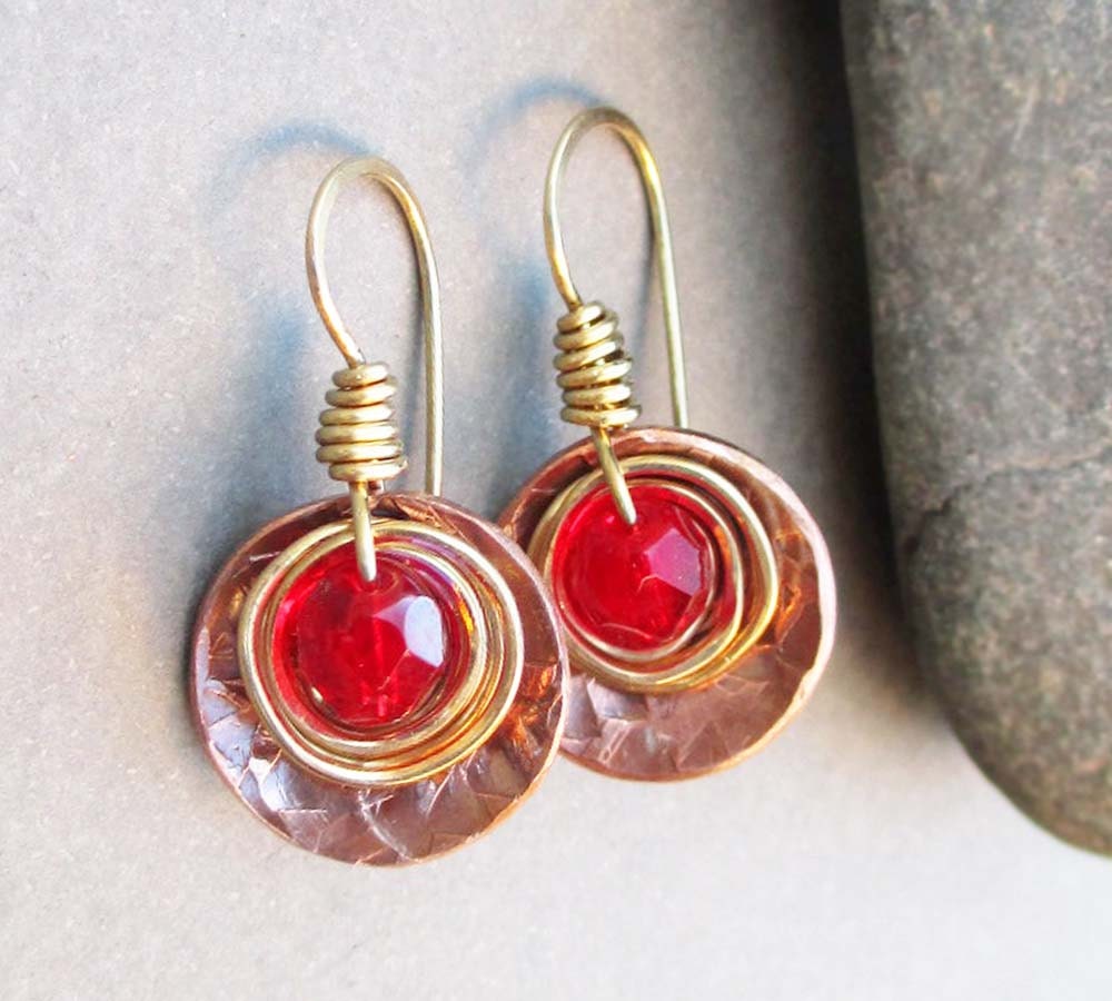 Cherry Red Drop Earrings Copper Earrings Metalwork Artisan Jewelry Sale