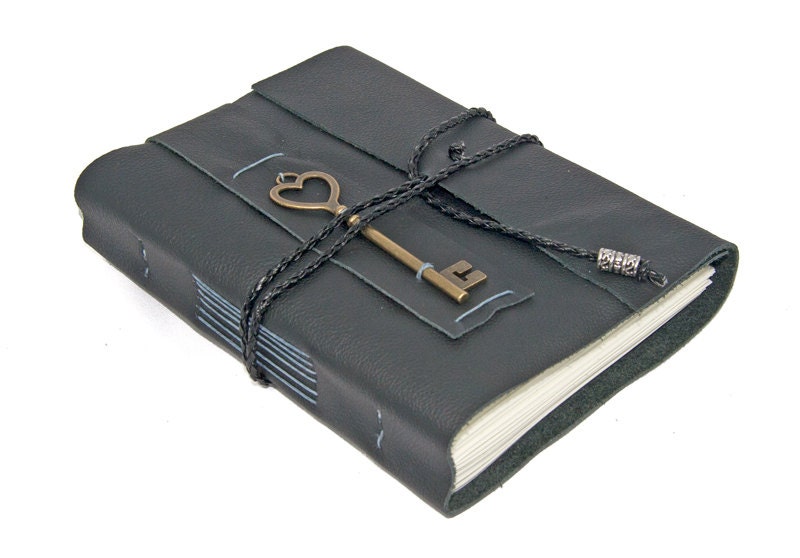 Black Leather Journal with Heart Key Bookmark