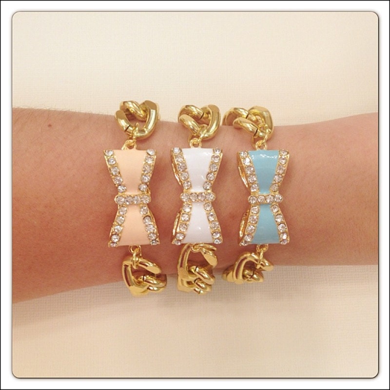 Rhinestone & Enamel Bow Bracelet - You pick Peach, White or Blue