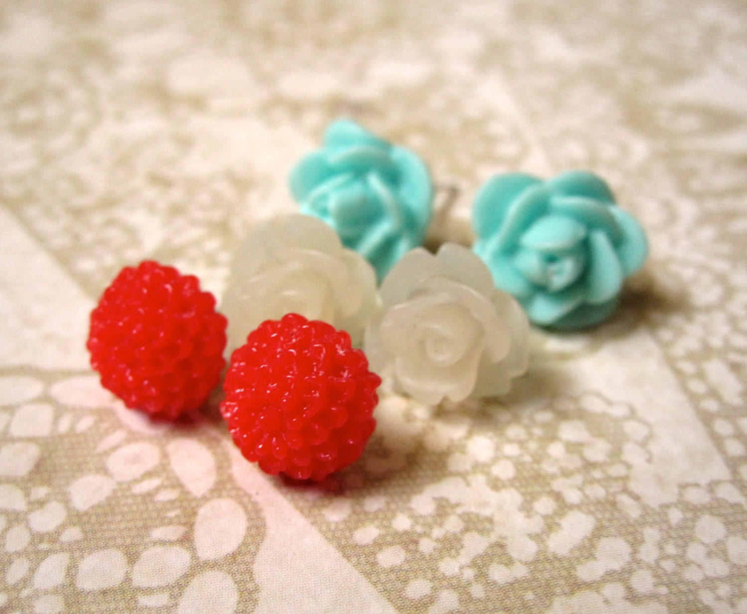 Flower Stud Earrings - Set - Small Post Earrings - Aqua - Cherry - Cream