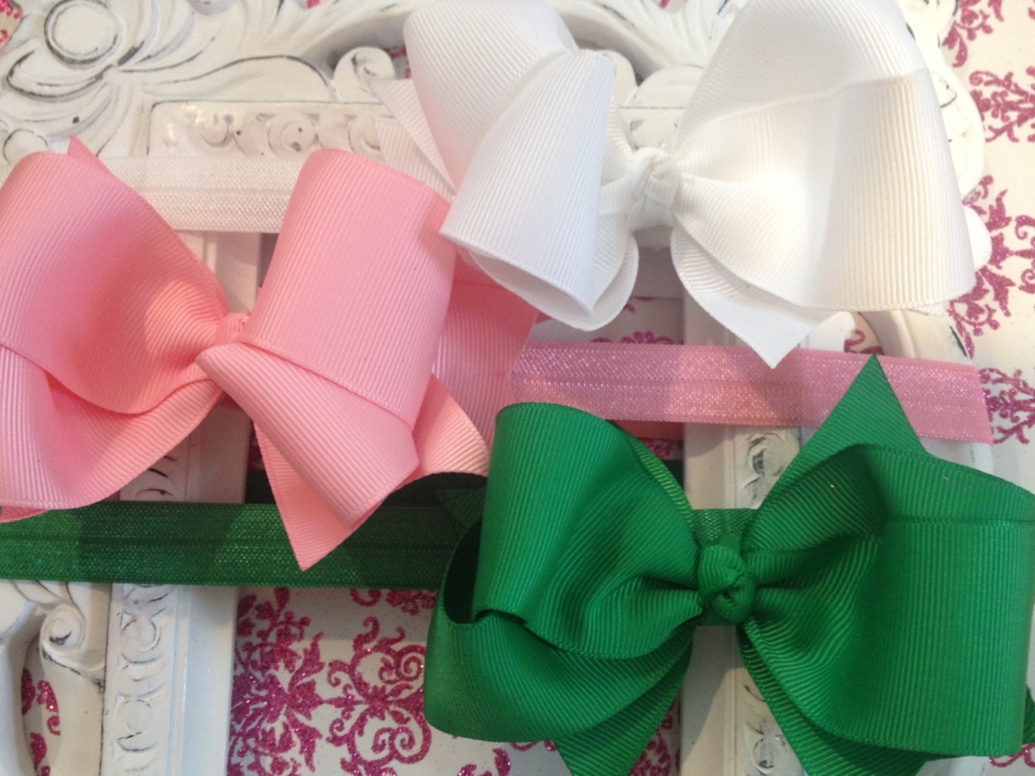 Boutique Baby Girls Set of 3 White Green Pink Large Hair Bow on Elastic Headband..Perfect for Photo Props St Patrick's day
