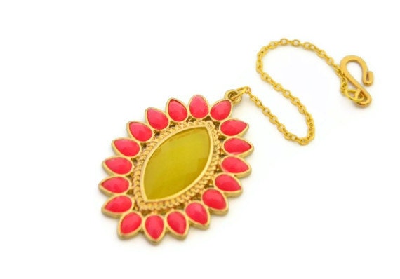 Coral pink yellow Maang tikka head piece bollywood indian wedding party