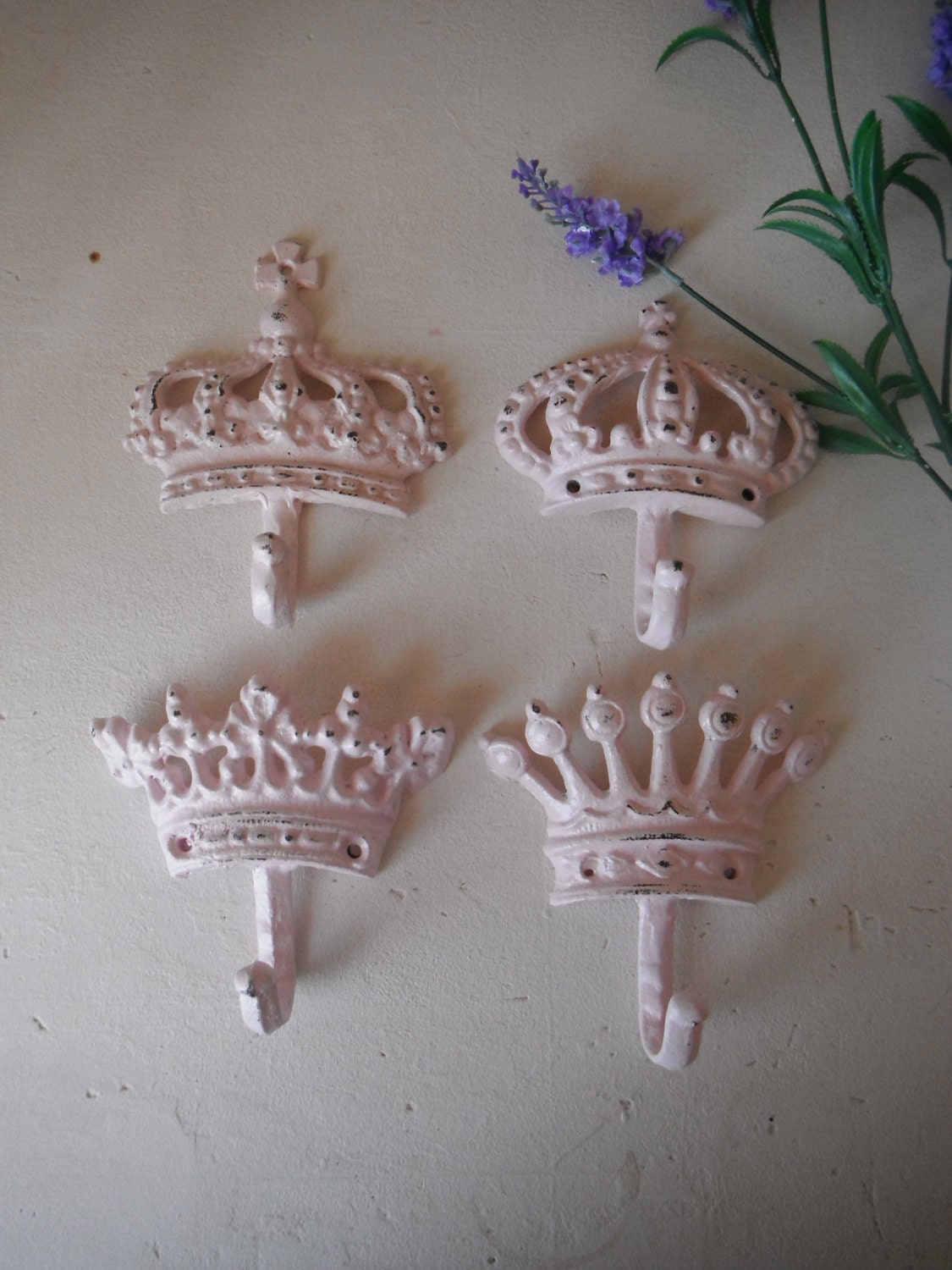 SET of 4 wall hooks crown tiara set shabby chic cast iron hooks nursery decor french country Light pink