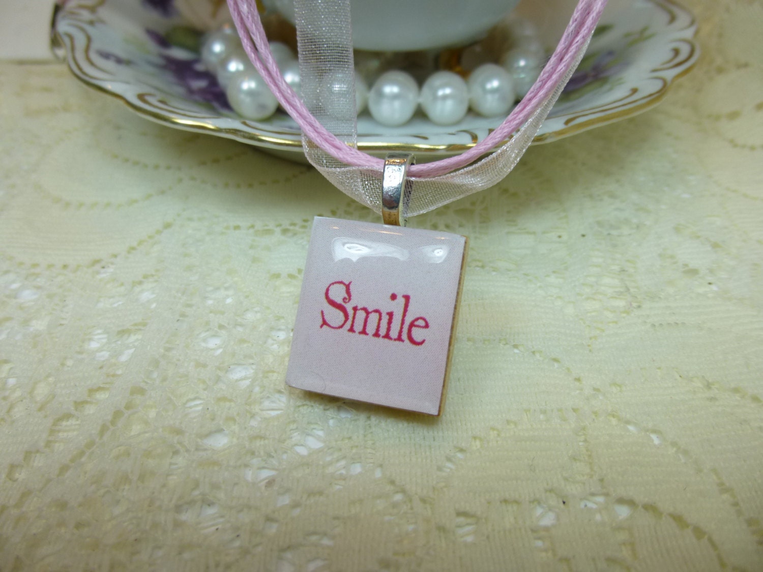 Smile Pink Scrabble Tile Necklace on Ribbon or Ball Chain
