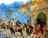Vintage Moroccan Tapestry // Middle Eastern Design // Large  47 x 67 inches // Horses // Mosque // 1950s - 1960s