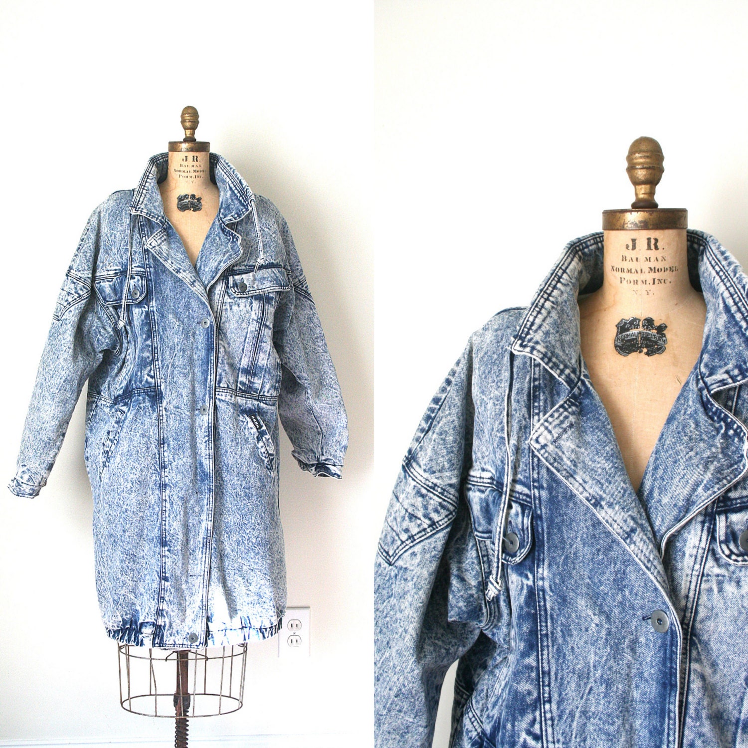 vintage denim jacket / heavy coat - long ACID WASH 1980's club kid SLOUCH hipster