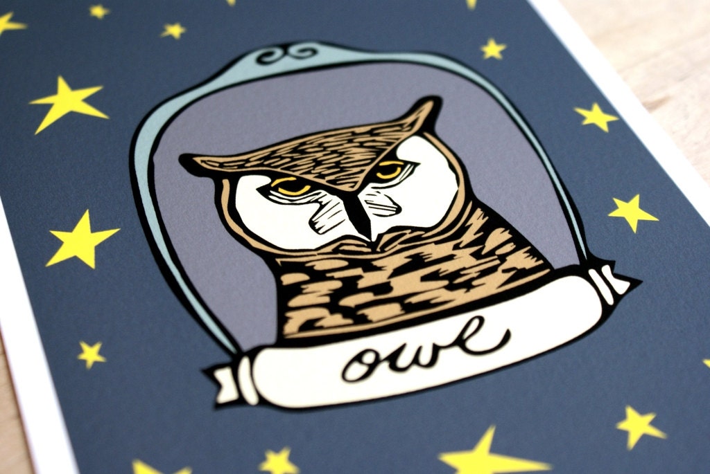 Evening Owl 5x7 Print with Stars in the Dark Night Sky