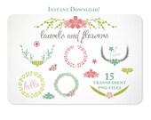 Laurels and Flowers Design Elements - Instant Download - set 2
