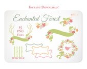 Antlers, Flowers, Ribbons, Bows & Bird Clipart Design Elements - Instant Download - set 1