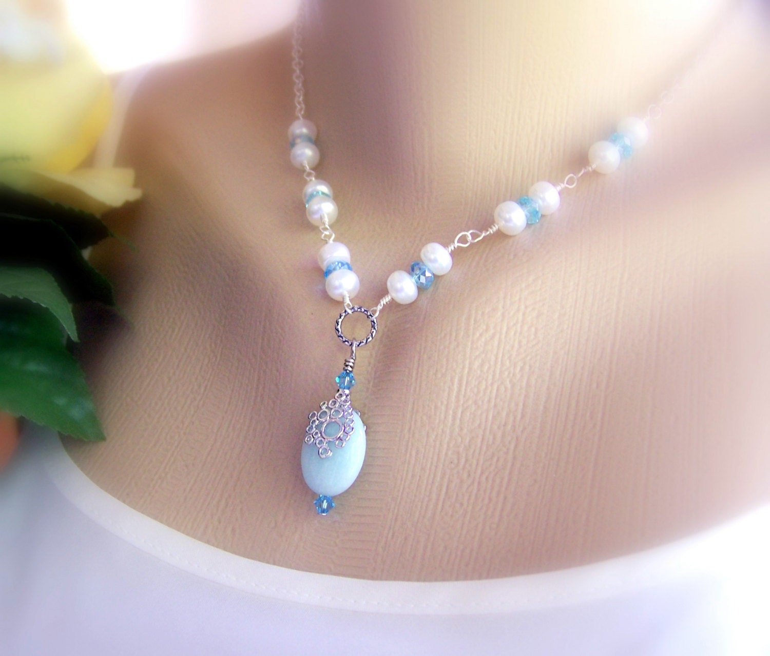 Amazonite Pearl Necklace, Birthstone Necklace, Pendant Necklace, Strand Necklace, Beadwork Necklace, Bridal Jewelry, June Birthday Gift