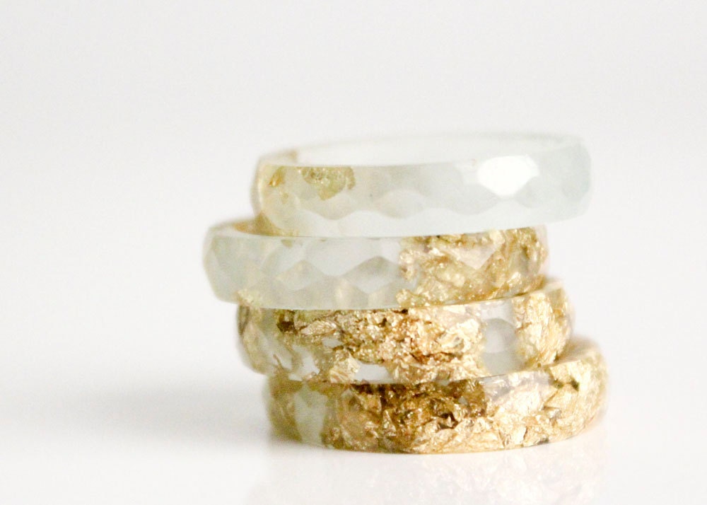 seaglass green with gold leaf size 8 thin multifaceted eco resin ring