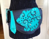 Recycled leather scroll Black Turquoise pocket belt crossbody bag Burning Man festival post apocalyptic punk goth studded