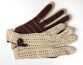Vintage Italian driving gloves, leather and crochet, handmade in Italy, 1970s, chocolate brown and cream, 100% cotton, large