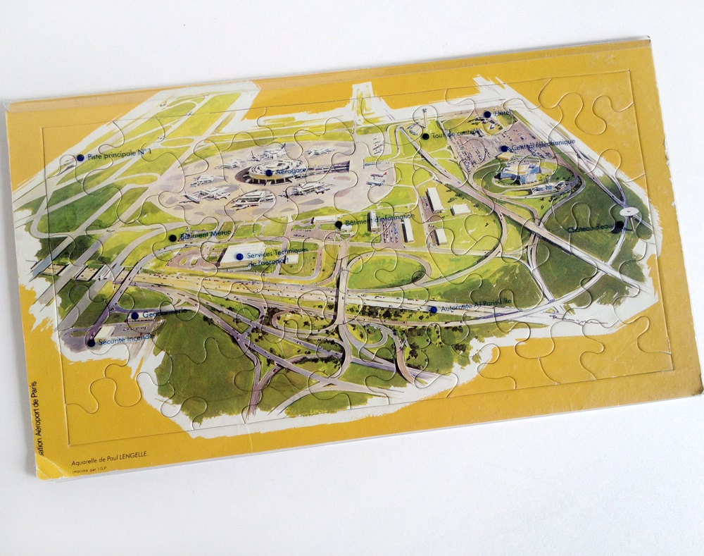 Charles de Gaulle Airport jigsaw puzzle, vintage 1970s, Aéroport de Paris, France, aviation, map, Paul Lengelle watercolor, airline