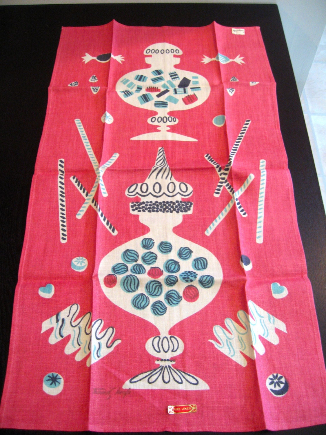 Candy dish. Vtg Tammis Keefe kitchen or tea towel, linen. MWT, excellent condition.