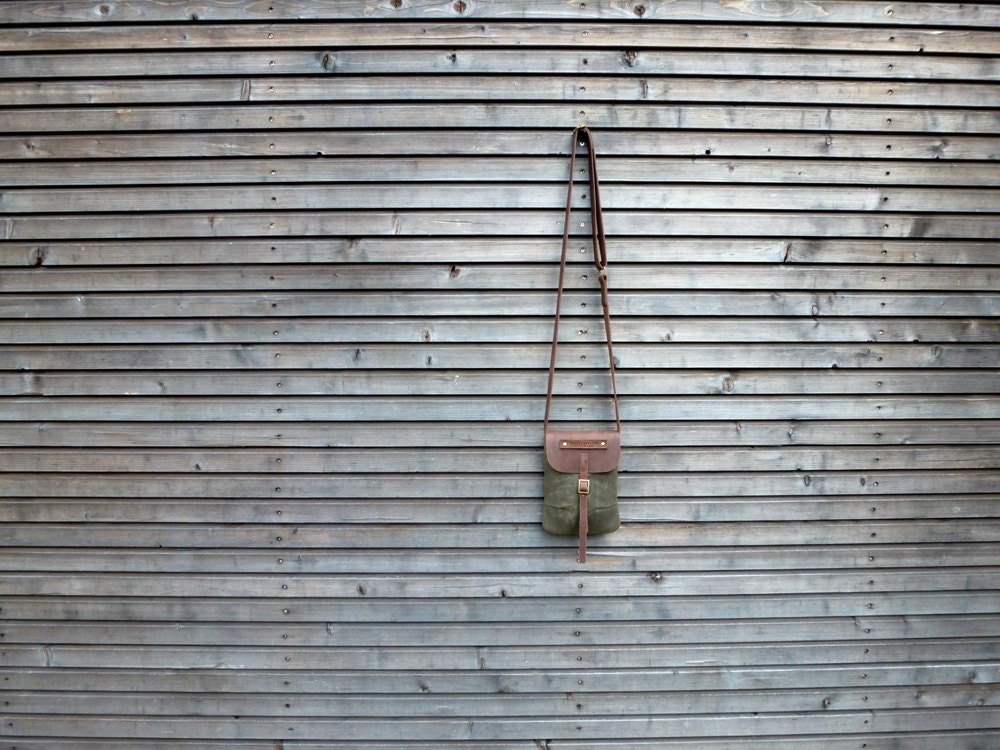 Waxed canvas day bag/small messenger bag with waxed brown leather strap,COLLECTION UNISEX
