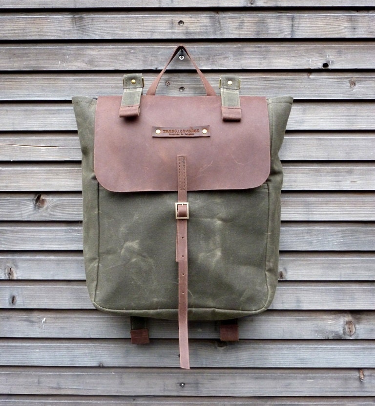 Waxed canvas rucksack/backpack with waxed leather shoulderstrap,handle COLLECTION UNISEX