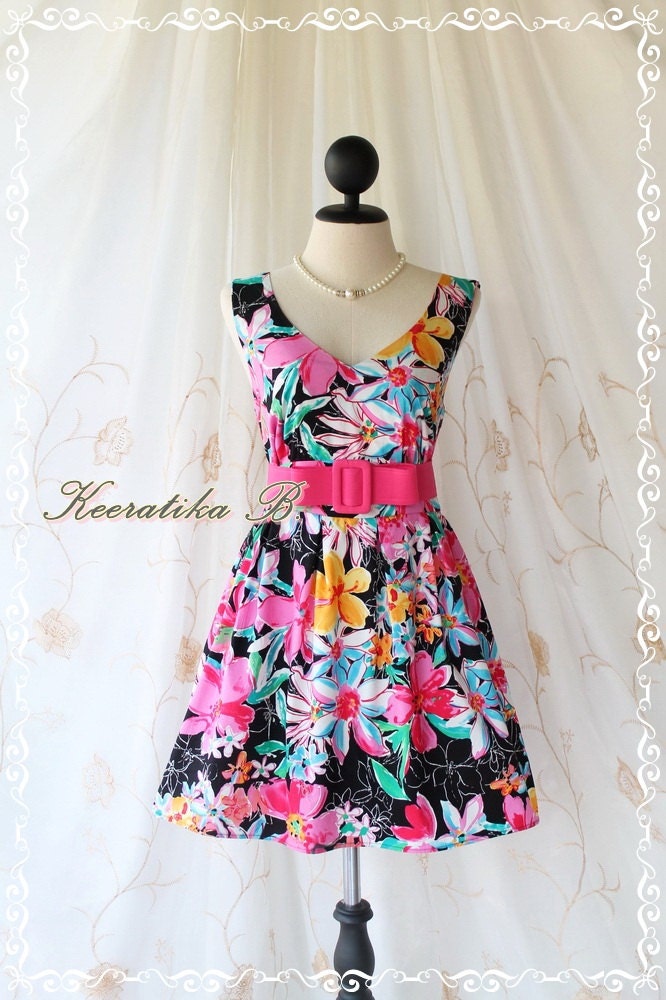 Lady Tea Dress - Glamorous Colorful Floral Print Tea/Sundress Spring Summer Collection V Neck Pleated Skirt