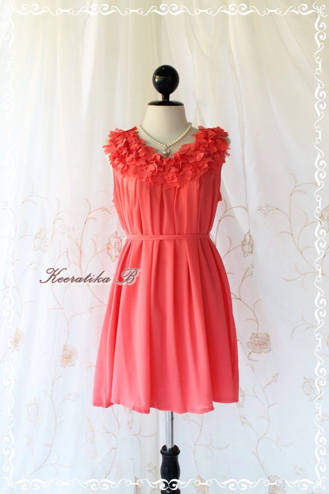 A Party III - Dress - Sweet Party Wedding Bridesmaid Cocktail Dinner Dress Coral Salmon Color Heart Ruffle Around Neck XS-M