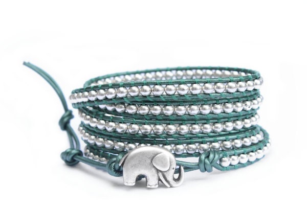 Emerald and Silver  Beaded Leather Wrap Bracelet - the lucky elephant Original with Polished Silver Pewter & GOOD LUCK ELEPHANT Button