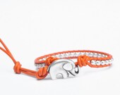 Orange and Silver Beaded Leather Wrap Bracelet - the lucky elephant Original with Polished Silver Pewter & GOOD LUCK ELEPHANT Button