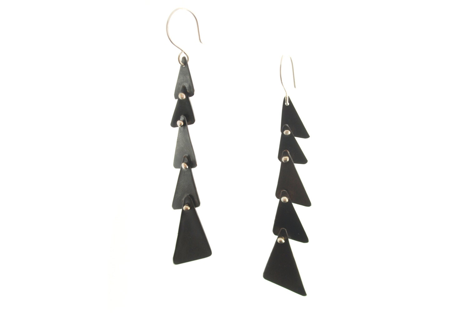 Handmade jewelry. Modern oxidized copper and sterling silver triangle earrings. Sharks teeth jewelry
