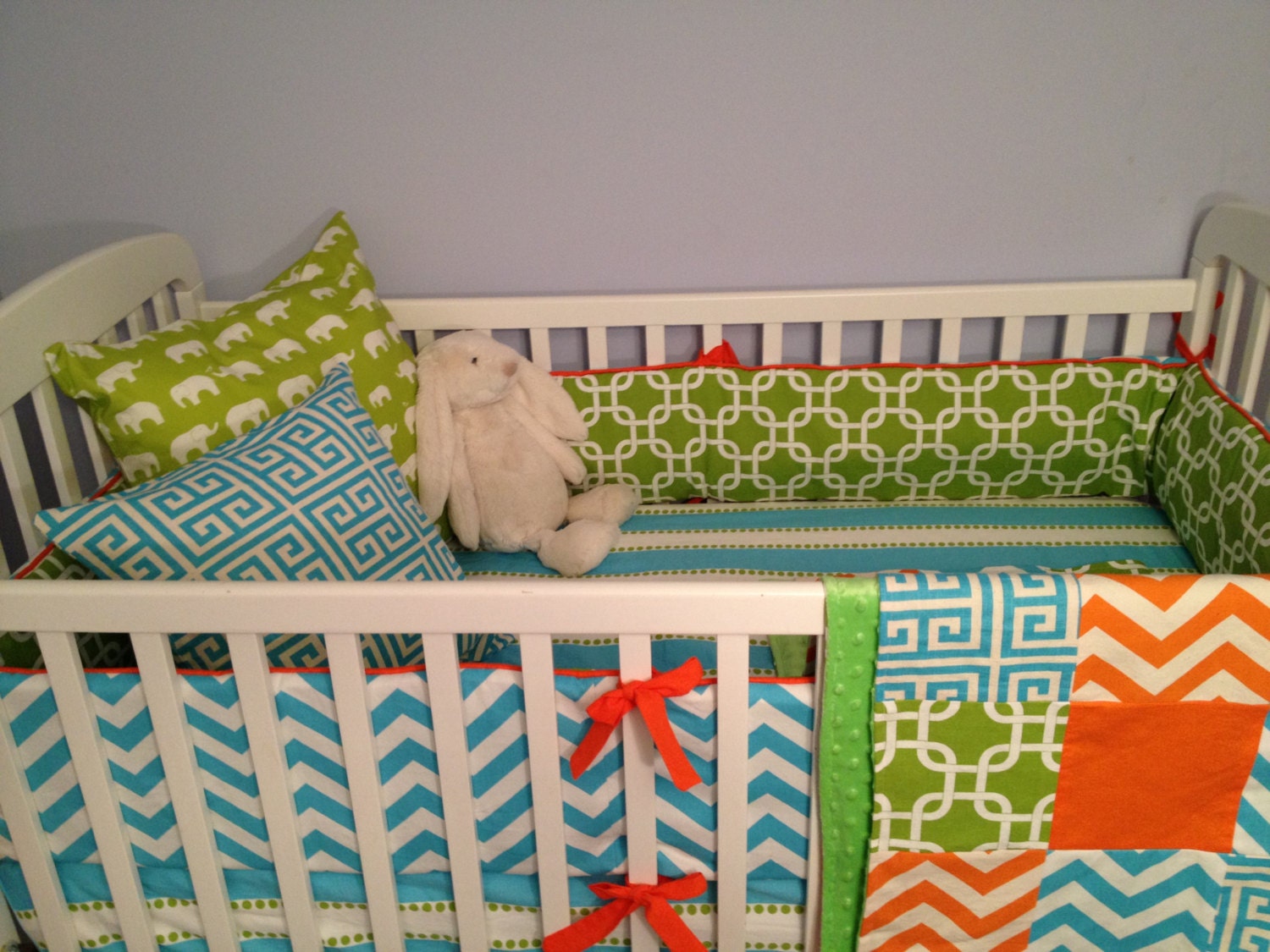 Custom Crib Bedding - 2 piece Set - aqua green and orange