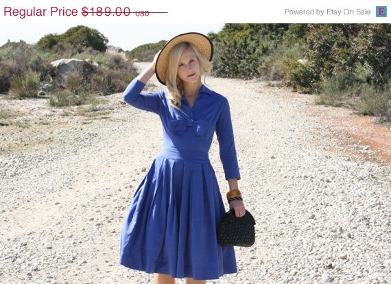 20% Off MEMORIAL DAY SALE Vtg 1950s 50s Bobbie Brooks Blue Dress w/ Bow and Pleated Skirt Xs/S