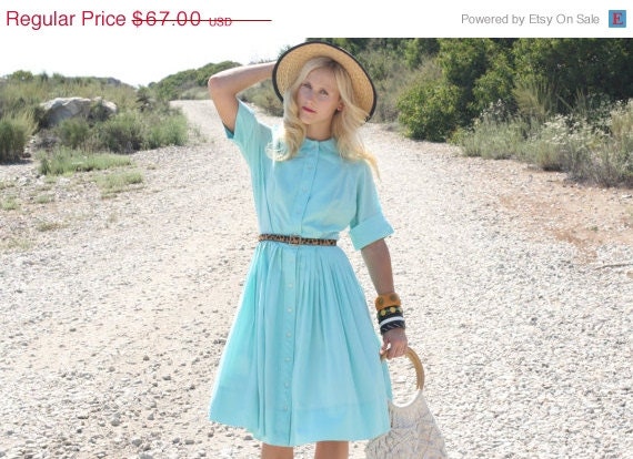 20% Off MEMORIAL DAY SALE Vtg 1950s 50s Aqua Shirtwaist Dress w/ Pleated Skirt S/M