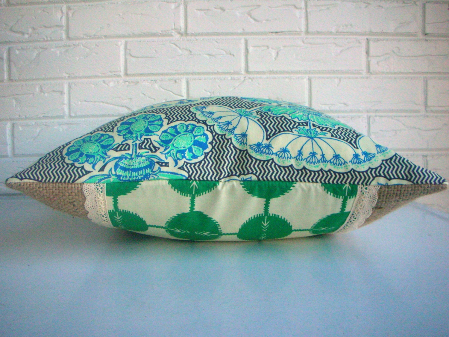 Bohemian Chic Pillow Cover - Decorative Throw - Burlap Lace Boho Pillow - Navy Aqua Emerald Green