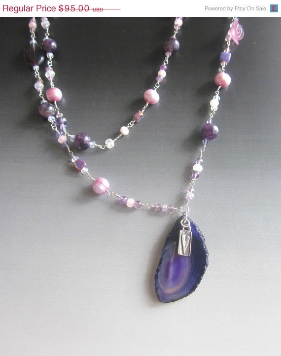 Spring Savings Sale Lilacs in Bloom ... Druzy Amethyst , Pearl, Rose Quartz, moonstone and Sterling Silver Necklace
