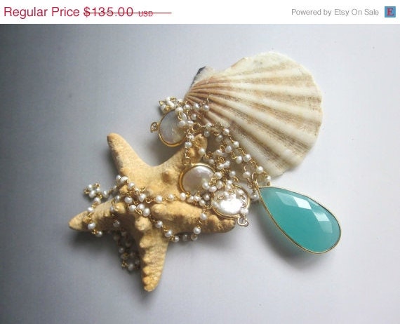 Spring Savings Sale St. Barts Adventure    Aqua Chalcedony, Pearl and Gold necklace   TAGT