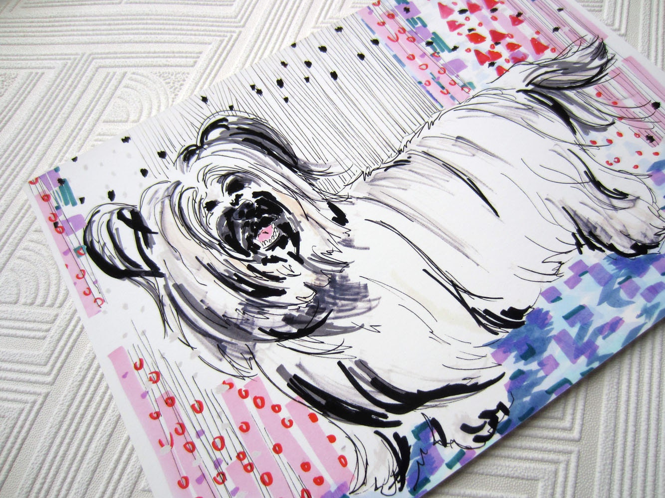 Fluff Ball - 8 x 11 inch Giclee Print - Dog Illustration with pink and purple