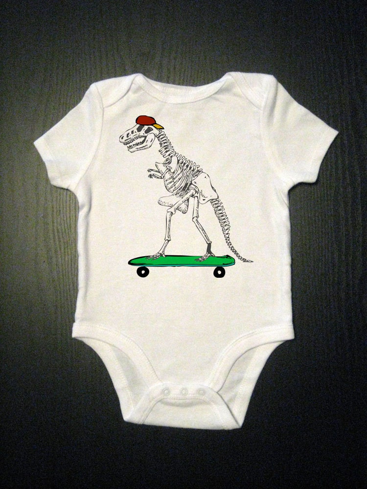 Dinosaur On A Skateboard - Baby One Piece Bodysuit, Romper, Jumper, Great Baby Shower Gift Birthday Party Favor - Humor