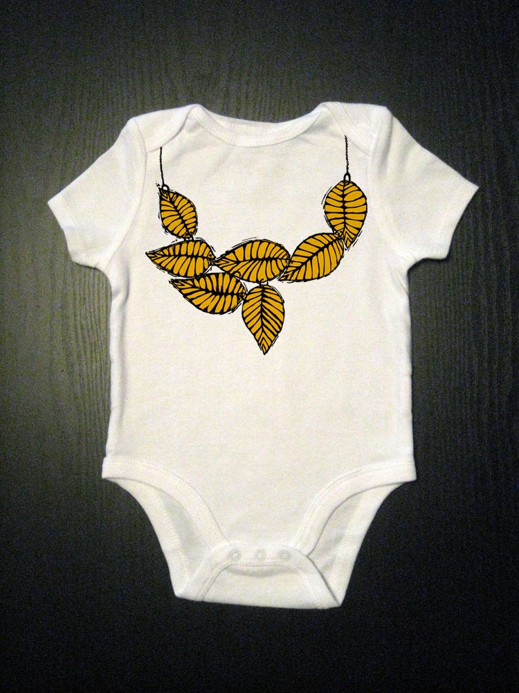 Girls Vintage Gold Leaf Statement Necklace Illustration - Dress Up One Piece Baby Bodysuit - Childrens Clothing- Baby