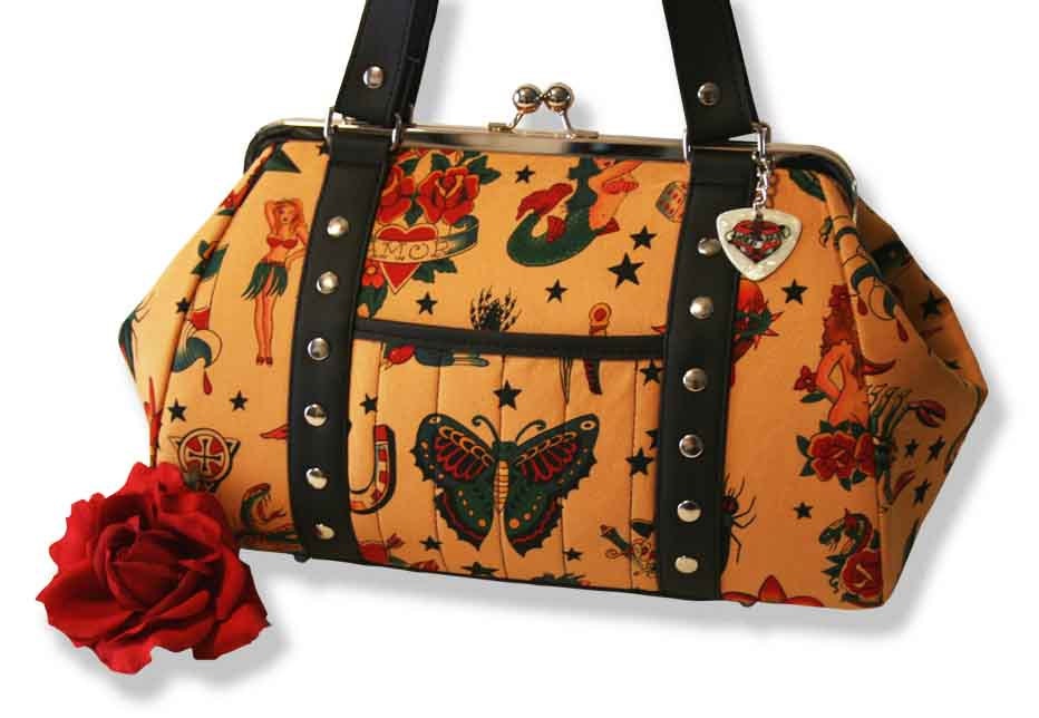 Tan Tattoo Handbag with Your Choice of Vinyl, Rockabilly Purse - MADE TO ORDER