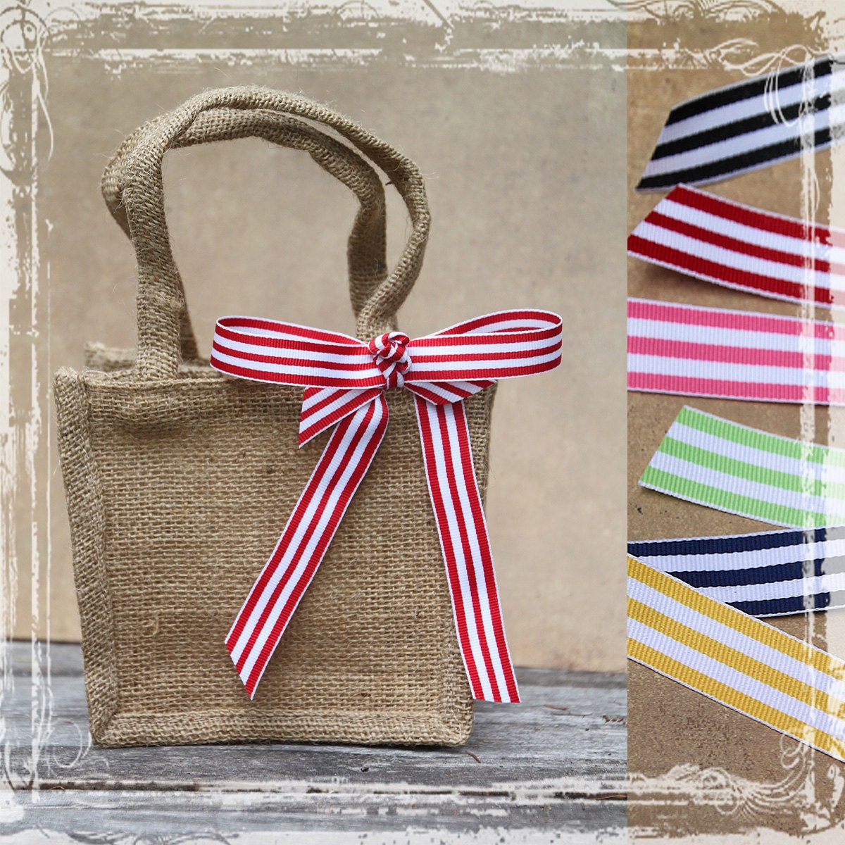 Burlap Flower Girl Basket With Striped Ribbon - Custom Color - Stripe - Country, Nautical, Americana, Spring, Summer, Fall, Winter