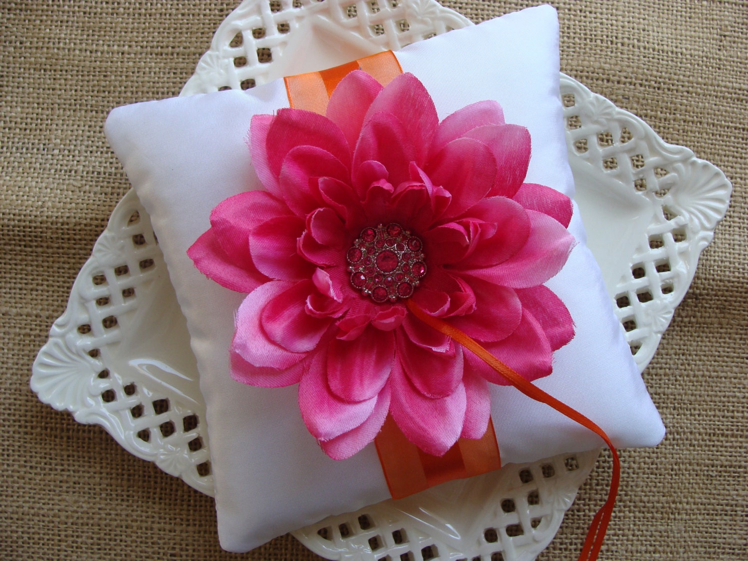 Wedding Ring Bearer Pillow - Fuscia Dahlia on White Tafetta & Orange