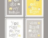 Kids Wall Art Yellow and Gray Nursery Decor Prints - You Are My Sunshine - Elephant and bird -  8x10 - baby shower gift, for boy or girl