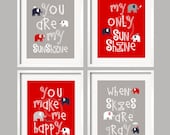 Kids Wall Art You Are My Sunshine - Red, Navy, Gray Nursery Decor Prints/ Elephant and bird -  8x10 - baby shower gift, for boy or girl