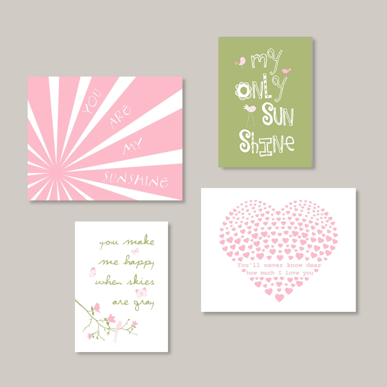You Are My Sunshine Print Set,  Sage green and Pink,  8x10 and 5x7- Eclectic style Gallery wall Art - YassisPlace