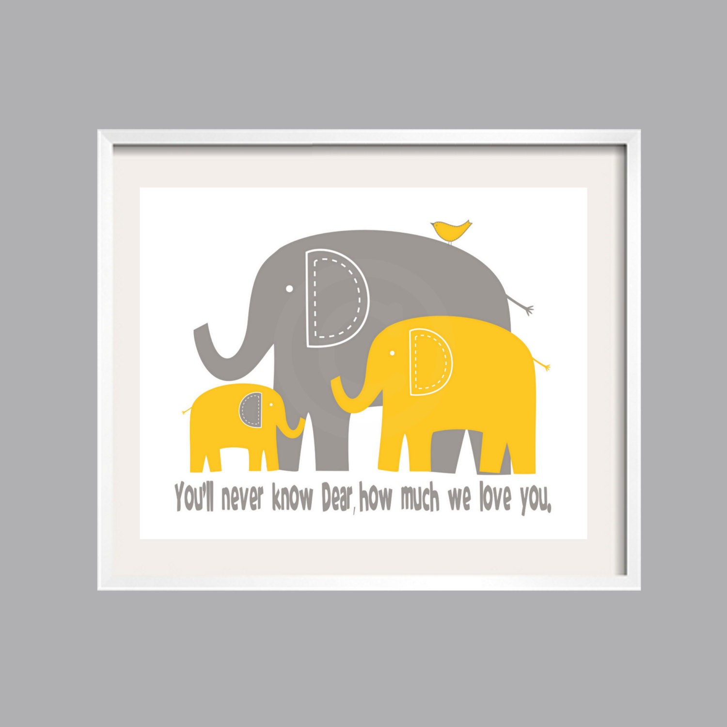Elephant Art Print You Are My Sunshine " You'll never know dear"  11x14 in bright yellow and gray Nursery Decor, great baby shower gift