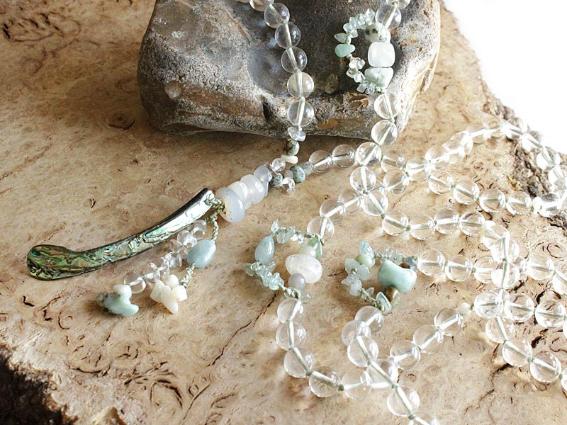Quartz mala, yoga beads for meditation, 108 bead mala with Aquamarine, Abalone and Larimar - Tibetan Buddhist style mala