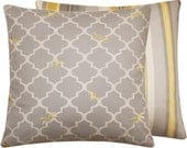 Yellow Grey Pillow Cover 18x18 Bees Quatrefoil Home Decor Square Living Room Pillow Cover, Buzzing Dragonflies and Bumble Bees