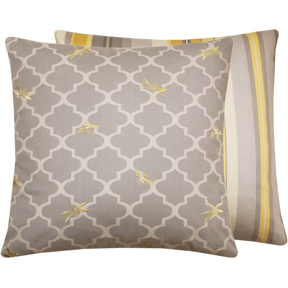 Yellow Grey Pillow Cover 18x18 Bees Quatrefoil Home Decor Square Living Room Pillow Cover, Buzzing Dragonflies and Bumble Bees