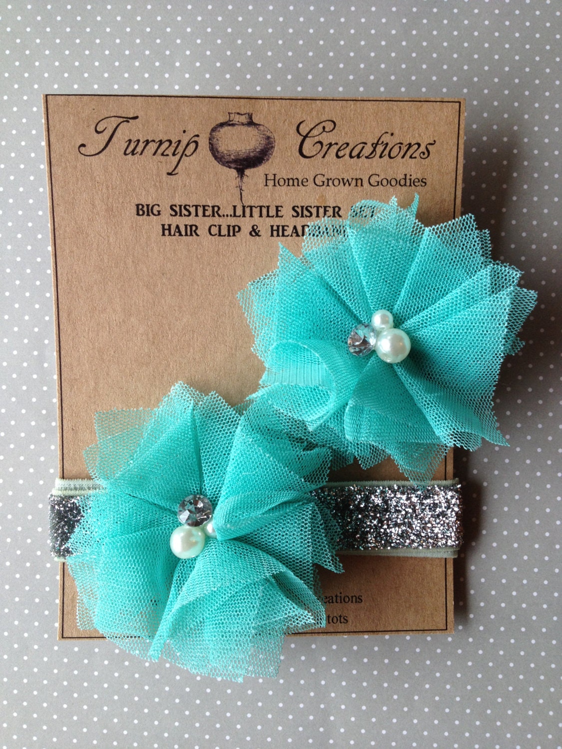 Big Sister Little Sister Headband Hair Clip Set Tourquoise Tulle Flower with Pearl and Rhinestone on Silver Glitter Headband