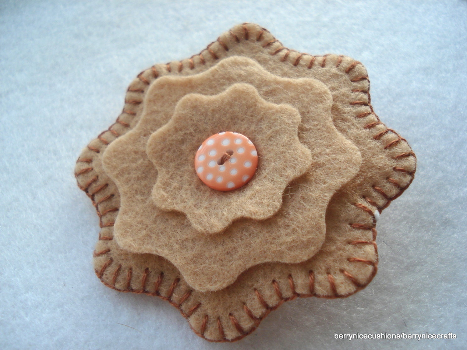 Felt Brooch Layered Flower Brooch with Button Trim Pale Brown Brooch
