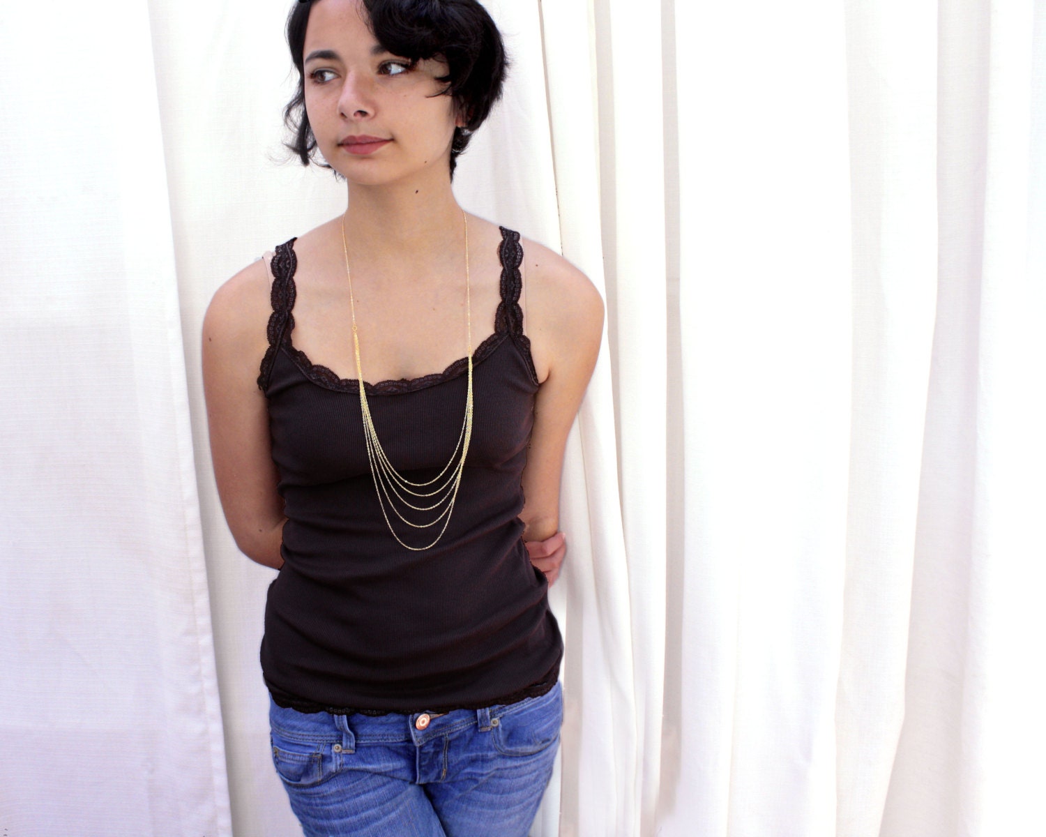 SALE Moody metals. Gold multi chain long necklace. 5 silky sexy strands of delicate gold chain.multi strand chain necklace