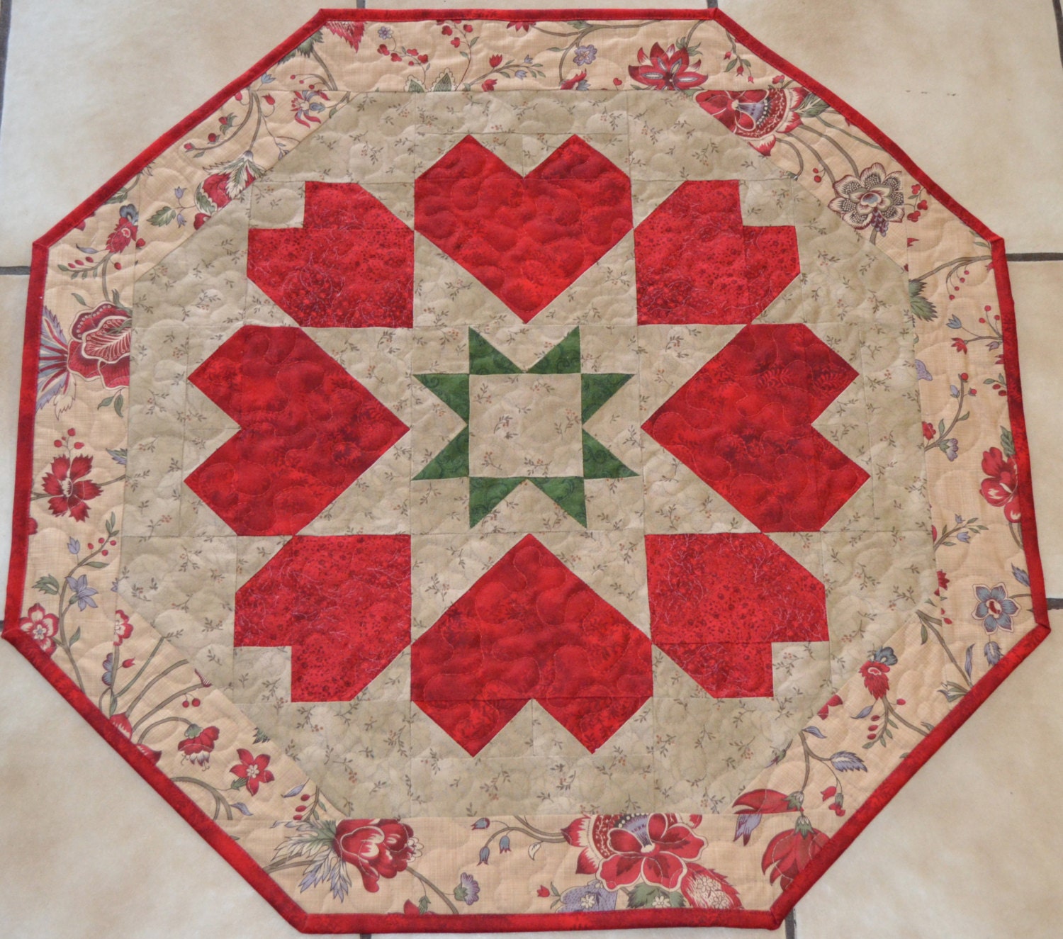 Heart Quilted Table Runner Red Tan Valentine Decor